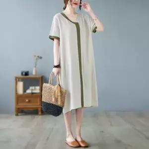 G125709 루즈핏 데일리 린넨 배색라인 클래식 여름원피스 린넨원피스 반팔원피스 빅사이즈