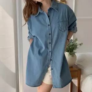 포켓 인기 데님 남방 셔츠 감성 원피스 체형커버 스타 여름원피스 반팔원피스 홈원피스