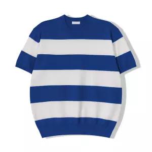 [리빌모아]남자 워셔블 라운드넥 단가라 반팔 니트티 GN-KNH-Q014-블루