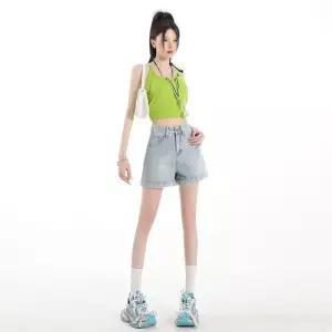 데님 여성용 캐주얼 하이웨스트 핫바지 슬림핏 오렌지 반바지 A라인 자수 롤업 레터링 청반바지 SPO마켓1