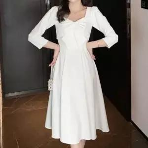 리본 장식 데일리 소매 7부 클래식 화이트 원피스 A라 7부원피스 플라워원피스 프릴원피스