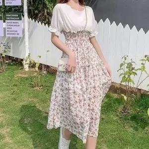 플라워 쉬폰 데일리 스모크밴딩 원피스 클래식 캉캉 A 여름원피스 반팔원피스