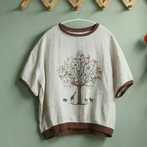 여자 캐주얼 데일리 티 프린트 빈지 린넨 맨투맨 라운드 루즈핏 나사 블럭 셔츠 톱 M스포1