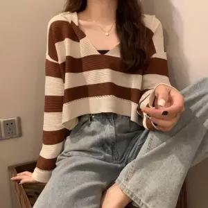 여성용 니트 하이웨스트 스트라이프 데일리 롱루즈핏 루즈핏 핫걸 크롭 긴팔 티 봄가을 브이넥 숏탑 M스포3