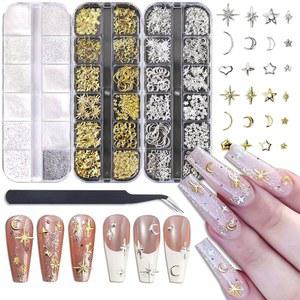 네일 아트를 위한 스타 문 매력 3D 골드 실버 스타라이트 크로스 리벳 스터드 장식 합금 메탈릭 액세서리 및 매니큐어 공예 DIY를 슈가 글리터 파우더