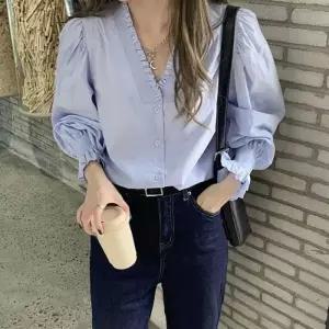 여성 루즈핏 넥라인 블라우스 2컬러 프릴 여성블라우스 프릴넥라인 퍼프소매