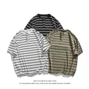 여름 캐주얼 헨리넥 티 반팔 남자반팔티 스트라이프 라운드넥 상의 원템1