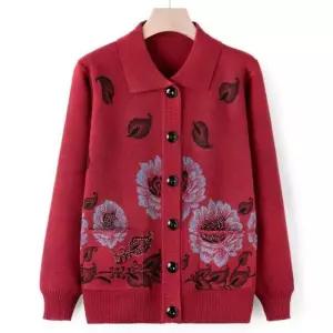 카라 니트 엄마 겨울 할머니 플라워 단추 가디건 중장년