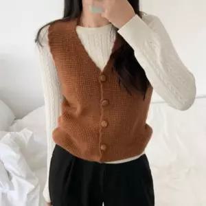 여성 레이어드 브이넥 데일리룩 버튼 니트베스트