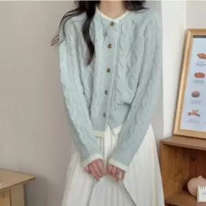 여성 꽈배기 라운드넥 가디건 클래식 케이블 니트