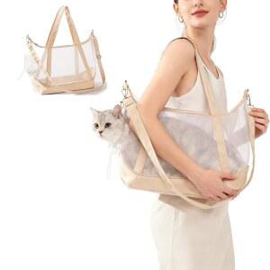 작은 고양이를 위한 Vinqki 보이는 편안한 고양이 슬링 캐리어 3-8파운드, 개와 메쉬 개 - 가볍고 통기성이 좋은 파우치, 어깨 끈 조절 가능한 부드러운 강아지 지갑(베이지)