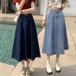 여자 청치마 뒷밴딩 데님스커트 빅사이즈 A라인 롱