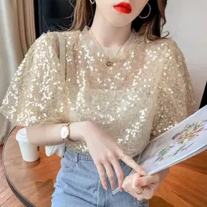 스팽글 블라우스 반팔 셔츠 반짝이는 시스루 화려한 패션 코디 공주풍