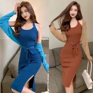 니트 투피스 코트+나시 슬림핏 스웨터 세트 추동 원터치 여성원피스 스포M3