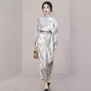 원피스 투피스 여성용 고급 출근룩 정장 리본 상의+하이 웨스트팬츠 세트 라이트 럭셔리 프린트 탑 벨트 슬