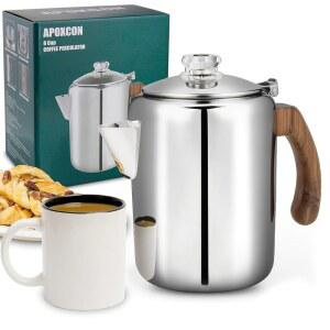견고한 유리 손잡이와 내화성이 있는 나무 손잡이, 드립 프리 스파우트 캠핑 커피 포트를 갖춘 아폭스콘 퍼콜레이터 냄비 스테인리스 스틸 메이커 (8컵)