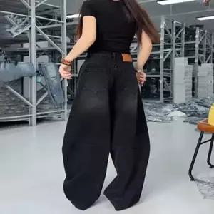 바지 검정 회색 여성용 춘추 배기 청바지 엘보 슬림핏 배핏 하이웨스트 와이드 ST3