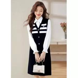 하객 스트라이프 칼라 긴팔 니트 원피스 스커트 여사친 미디 가을 페이크 투피스 ST3