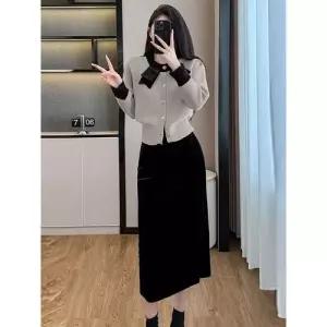 여성 치마 레드 니트 카디건 상의+벨벳 숏 설날 가을옷 하객 긴팔 ST3