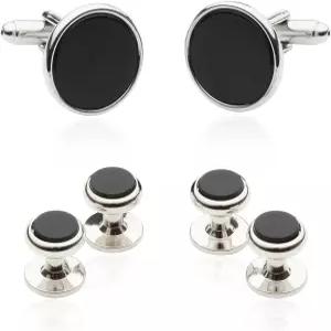 커프-대디 남성용 블랙 오닉스 실버 턱시도 커프링크 스터드 세트 - 웨딩 프롬 타이 포멀 액세서리 및 여행