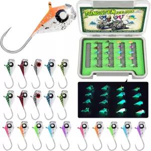 럭키피쉬 텅스텐 얼음 낚시 지그 20개/60개 미끼 어두운 곳에서 빛나는 1/15온스(1.9g) 크래피 팬피쉬 월리