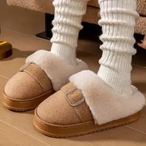 여자 플러시 사무실 슬리퍼 실내 부드러운 방한 통굽 안감 퍼 현관