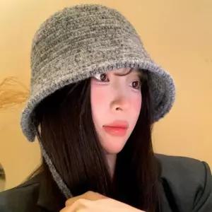 여성 무지 방한 버킷햇 모자 보온 겨울 니트 벙거지 끈