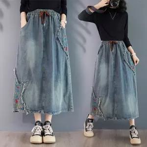 여성용 치마 미디 데님 청치마 슬림 청데님 자수 에스닉 A라인 루즈핏 빅사이즈 ST1