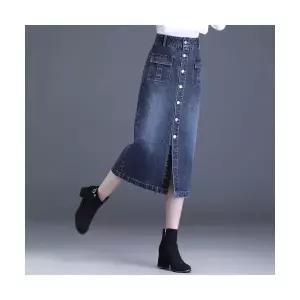 스커트 여성 데님 미디 청치마 앞트임 버튼 일자 추동 힙 ST3