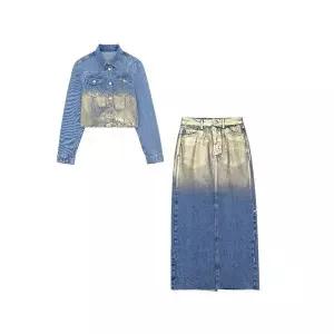 스커트 여성 데님 가을 청치마 그라데이션 청자켓+롱 세트 ST3