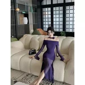 여성 스커트 원피스 롱 긴팔 일자 시폰 트임 쉬폰 어깨 ST1