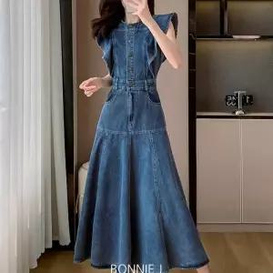 브리치 보니제이 프릴 날개 민소매 슬림 A라인 청 데님 롱 원피스 여 175799