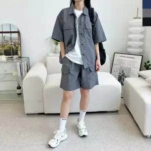 프라픽  여자 여름 트레이닝 셋업 포켓 반팔 남방 반바지 세트