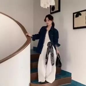 여성 청 봄 데일룩 셔츠 무지데님 칼라 라운드 빅사이즈 긴팔 DAOL1