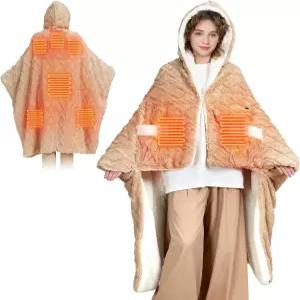 온열 담요 착용형 배터리 작동 59인치 x 63인치 무선 휴대용 전기 랩 폰초 야외 숄 8 난방 구역 여행 캠핑