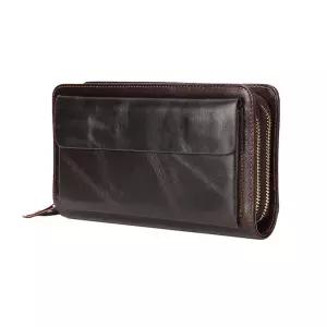 WIOEERS 남성용 클러치 백 브라운 긴 가죽 지갑 첫 번째 레이어 소가죽 패션 더블 지퍼 유니 비즈니스 가방