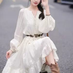 브리치 제로투올샵 자수 V넥 태슬 롱 원피스 베이지화이트 S 175715