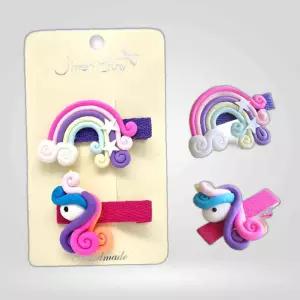 무지개 유니콘 입체 똑탁핀 헤어집게핀 머리끈 2종세트 유아헤어핀 아동집게핀