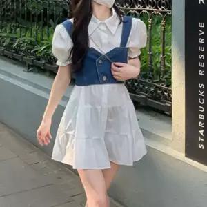 데님 뷔스티에 반팔 미니원피스 세트 퍼프소매 여친룩