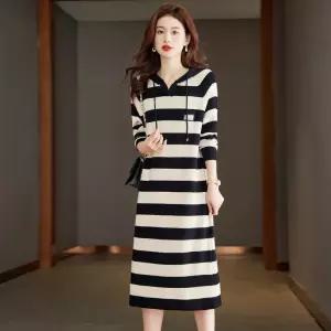 여친 니트 원피스 가을 캐주얼 루즈핏 룩 스트라이프 후드 원픽3