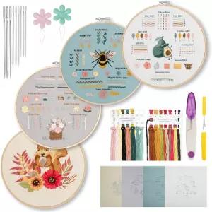 카사테리 4세트 초급 자수 키트 도구 대나무 후프 스탬프 천 스타터 크로스 스티치 바늘 포인트 공예