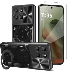 WRTBS 모토로라 엣지 70 5G용 폰 케이스, 유리 액정보호필름, 내장 슬라이드 카메라 보호 커버, 군용 튼튼