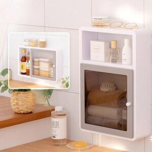 화장실 수납장 욕실장 벽걸이 그레이 선반장 무타공 싱글 원룸 미니 수건장 투명 01 플라스틱