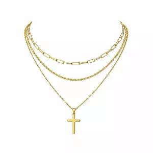 EQUBIO 여성용 레이어드 목걸이 페이퍼클립 체인이 있는 골드 레이어드 목걸이 초승달 및 십자가 펜던트가