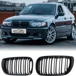빌디오 E46 그릴 - 프론트 키드니 더블 슬랫 글로시 블랙 BMW 3 시리즈 2002-2005 4도어 320i 325i 325xi