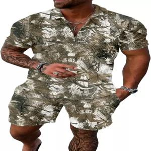 UUA 남성 여름 운동복 2피스 반바지 세트 반팔 트레이닝복 1/4 지퍼 골프 폴로 스플라이싱 스트라이프 셔츠