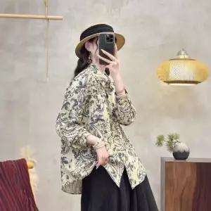 무천도사 가을 빈티지 여사친 여친 셔츠 루즈핏롱 이슬마 칼라 싱글 프린트 톱 KKE3