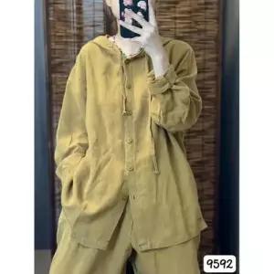 무천도사 여친 여자 가을 빈티지 캐주얼 셔츠 루즈핏롱 샌드 워싱 린넨 후드 싱글 솔리드 긴팔 상의 카디건