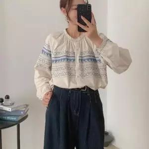 무천도사 가을 빈티지 여사친 여자 긴팔 톱 루즈핏롱 셔츠 차이나 자수 KKE3