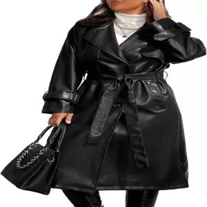 게샬리노 여성 트렌치코트 플러스 사이즈 인조 가죽 롱 클래식 모터사이클 재킷 라펠 벨트 오버코트